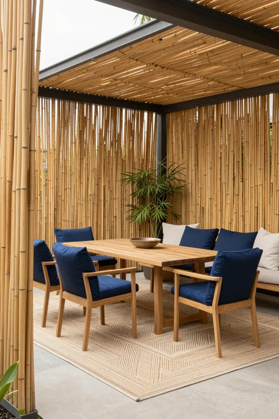 A private outdoor dining area with bamboo screens and a geometric rug.
