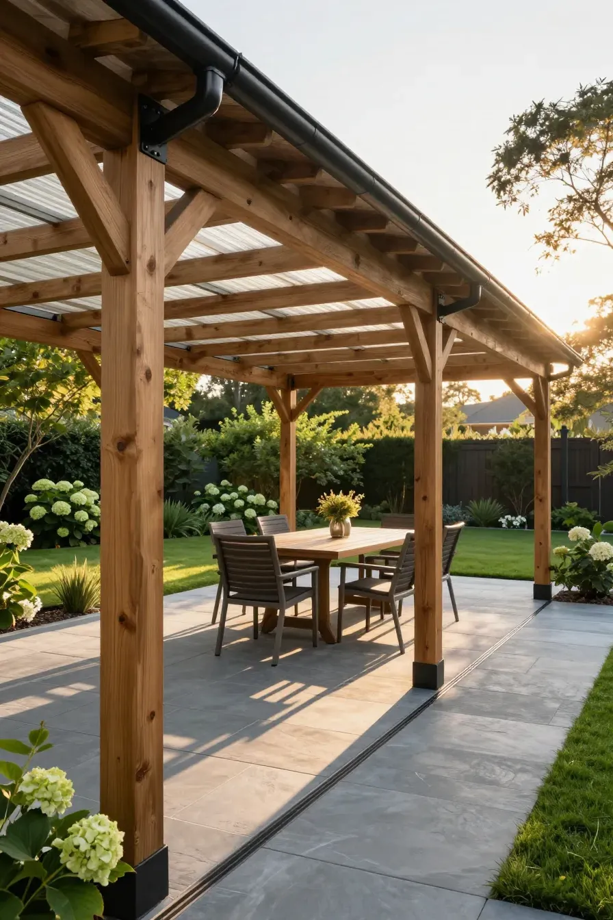 A clean, well-maintained wooden pergola over a stone patio with a dining table in a sunny garden.