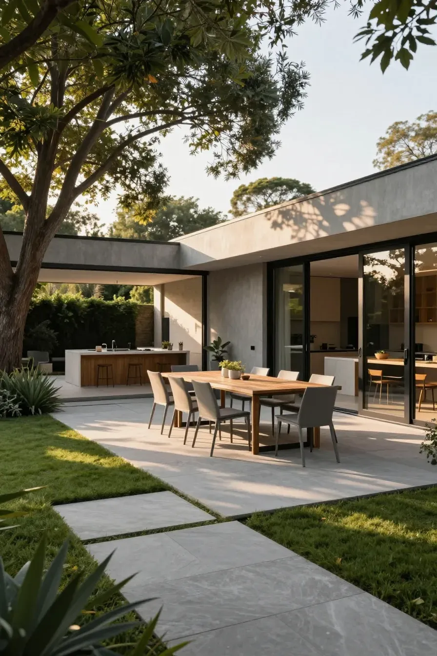 A modern outdoor dining set on a stone patio next to a house with large glass doors.
