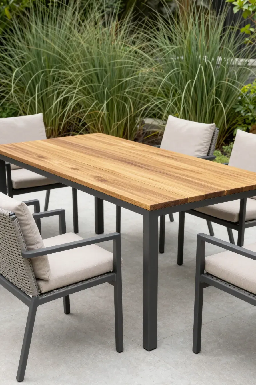 A modern garden dining set made of teak wood, aluminum, and gray wicker on a terrace.