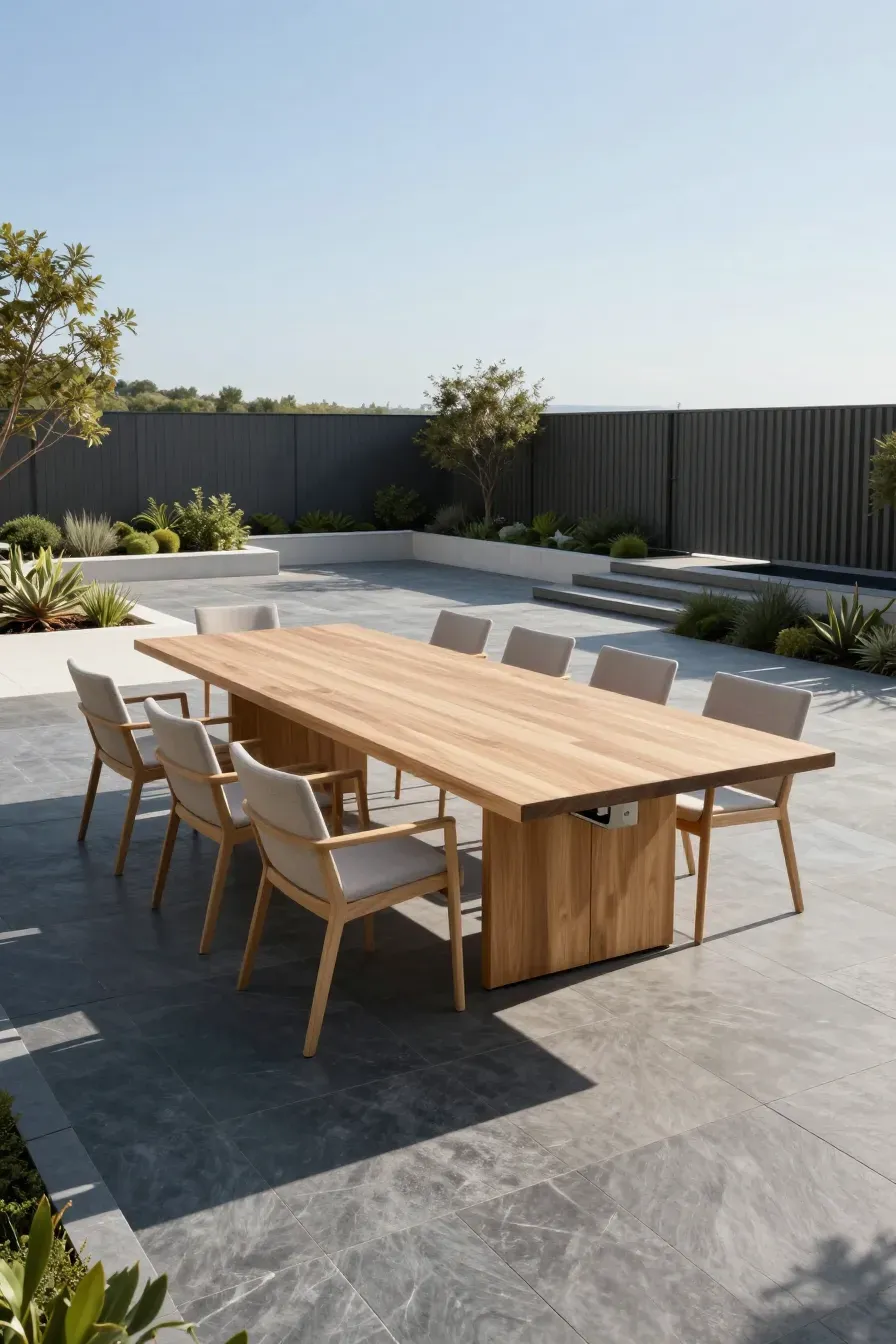 A large rectangular wooden dining table with chairs spaced out on a spacious dark slate patio.