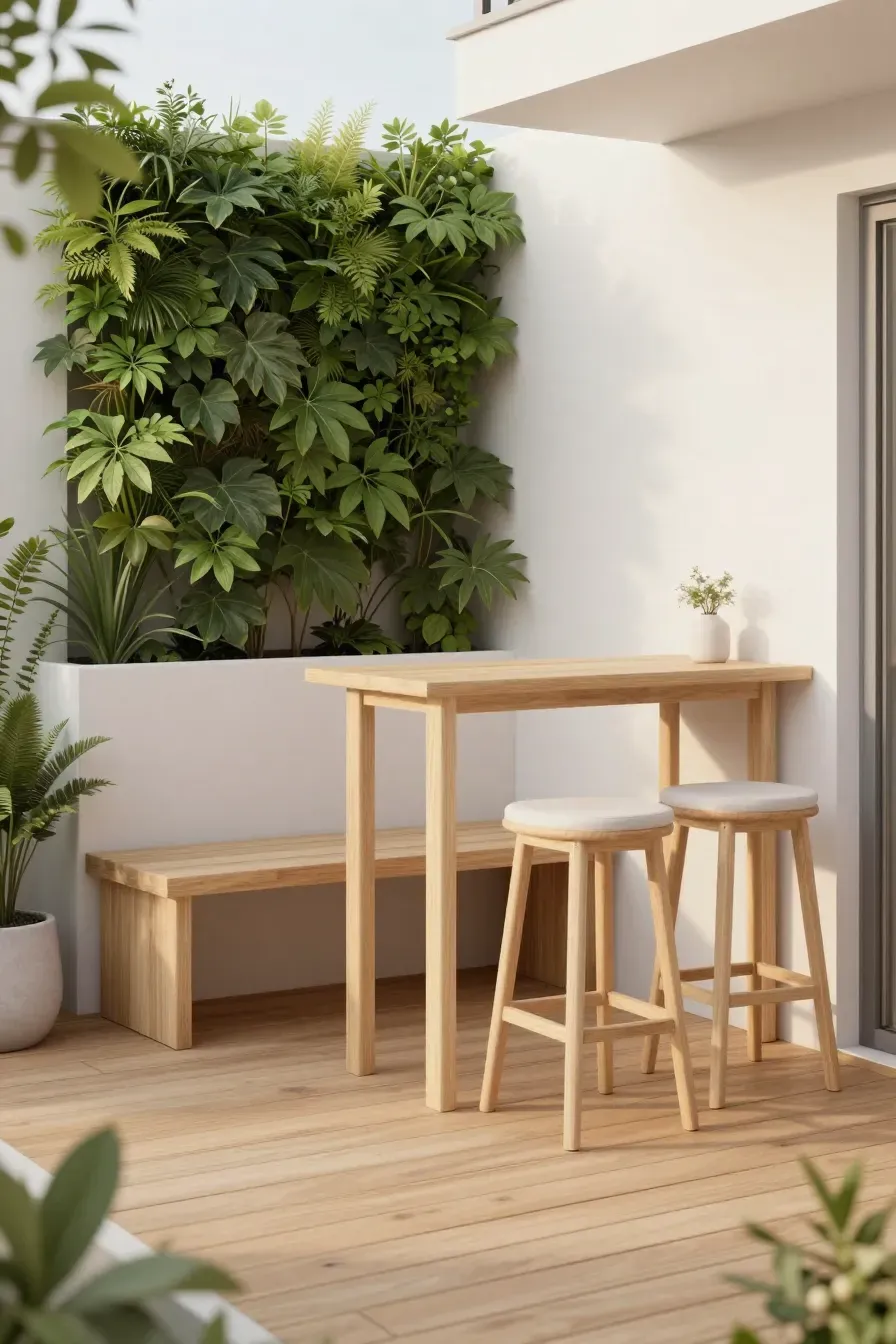 A compact outdoor dining area with a bar-height table and stools on a small wooden deck.