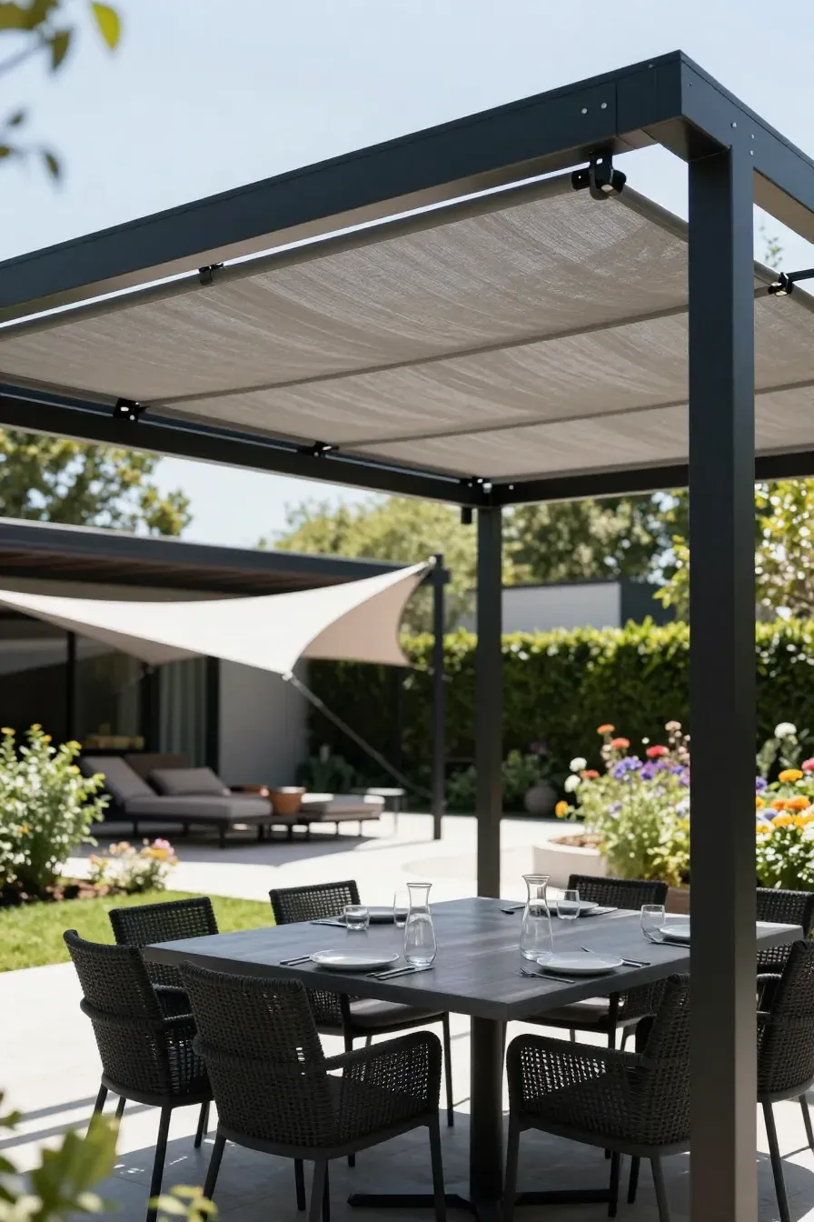 A modern dining table set under a black pergola with a retractable gray canopy in a garden.