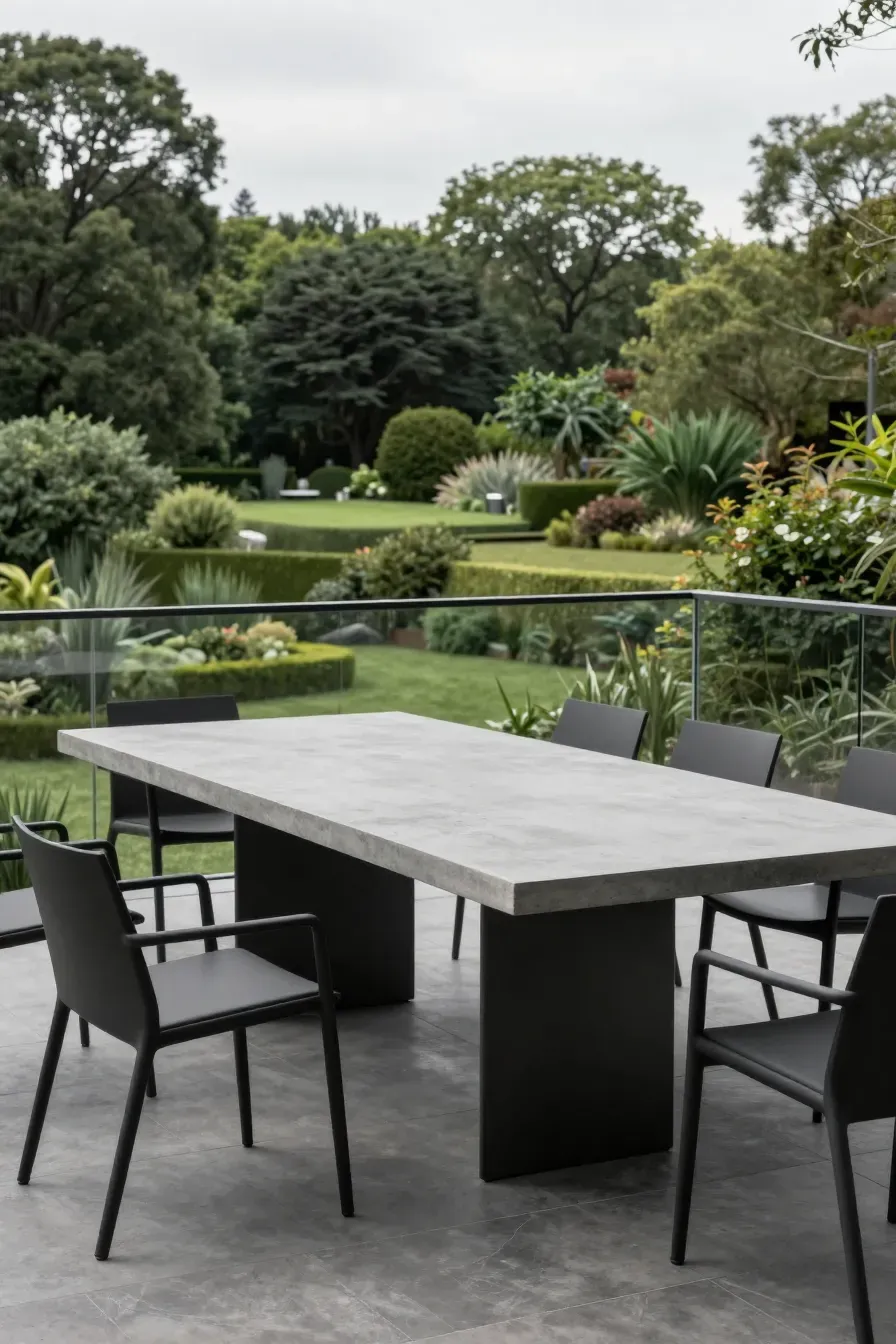 A sleek concrete dining table with a pedestal base on a modern terrace overlooking a garden.