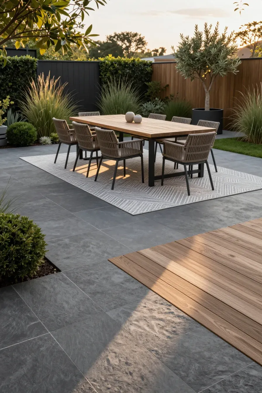 A wide-angle view of a modern garden dining area with stone pavers, a teak table, and an outdoor rug.