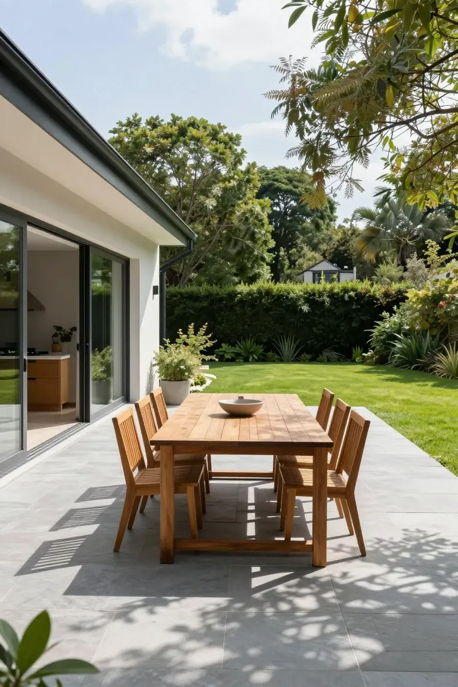 A wooden dining set on a stone patio next to large glass doors of a modern home.