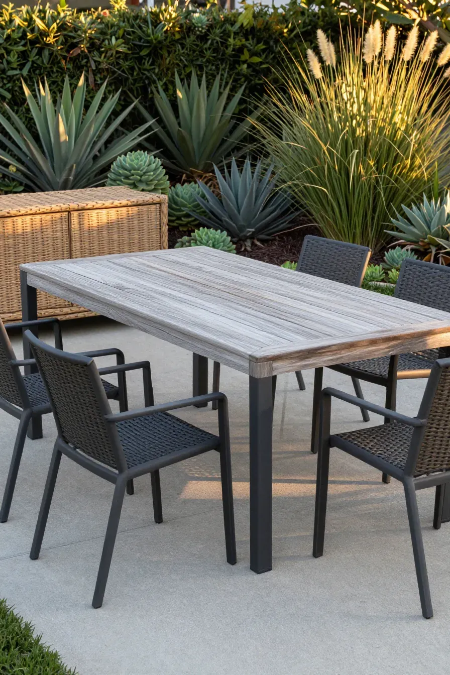 A luxury teak and aluminum dining set on a modern concrete terrace at sunset.