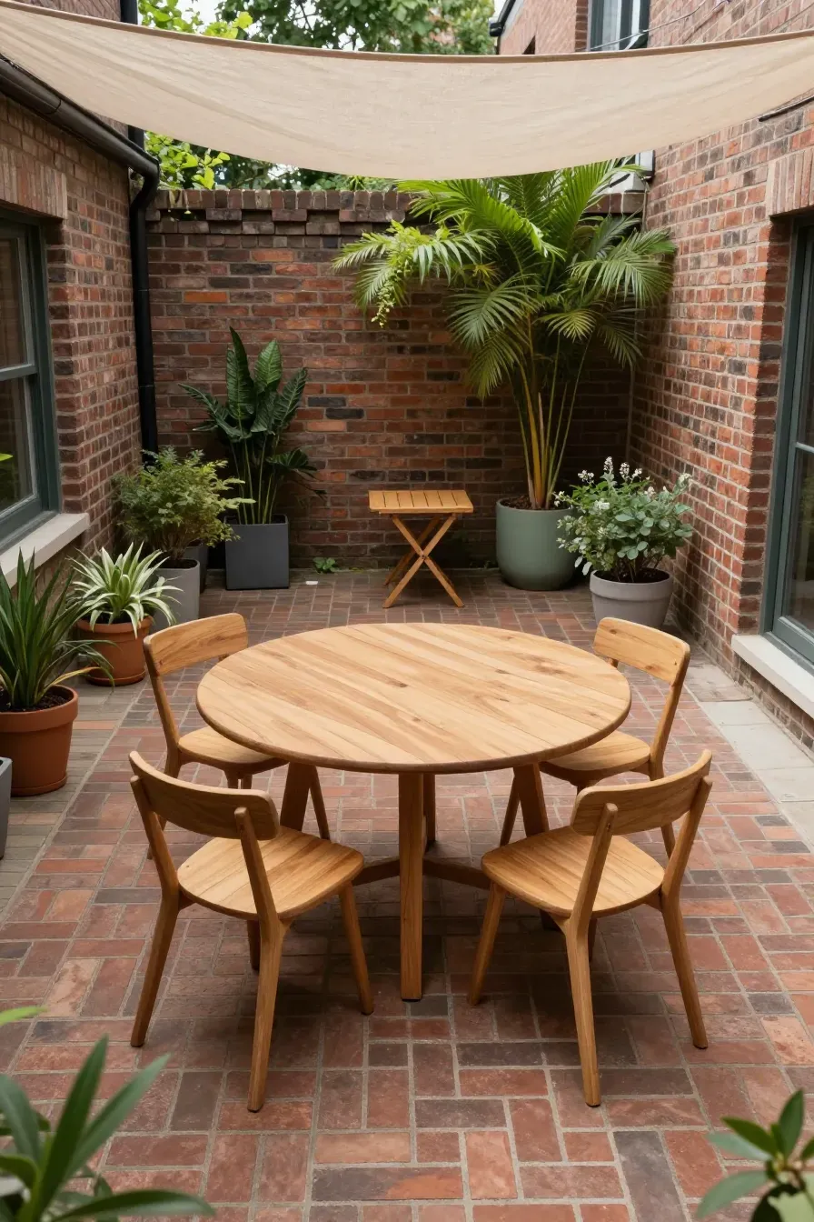 A round wooden table with slim chairs in a small, well-organized brick courtyard.