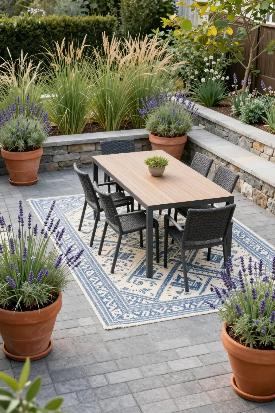 An outdoor rug and large planters defining a dining area on a stone paver patio.