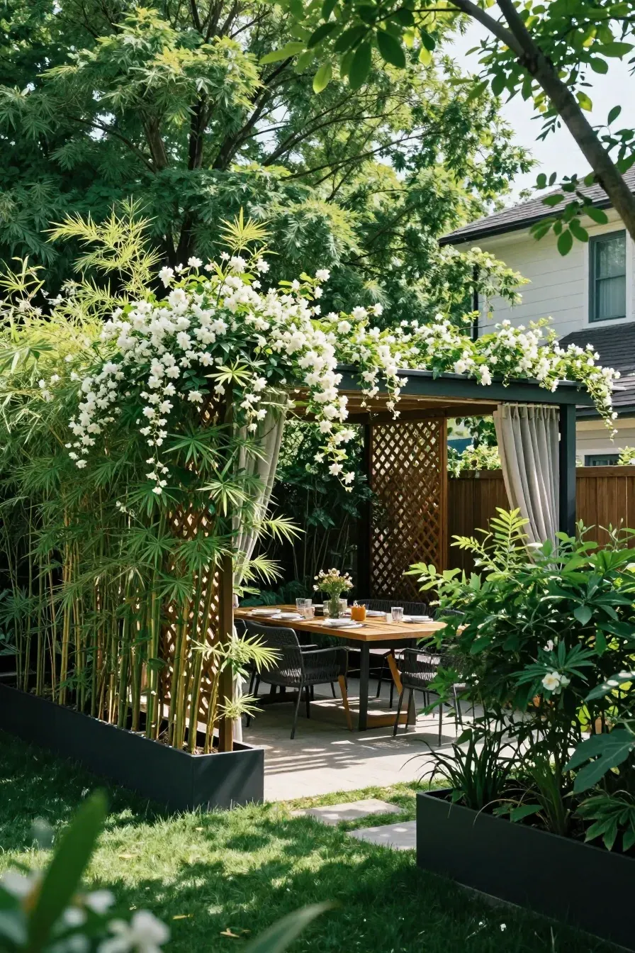 A garden dining table surrounded by tall bamboo and jasmine-covered lattice screens.