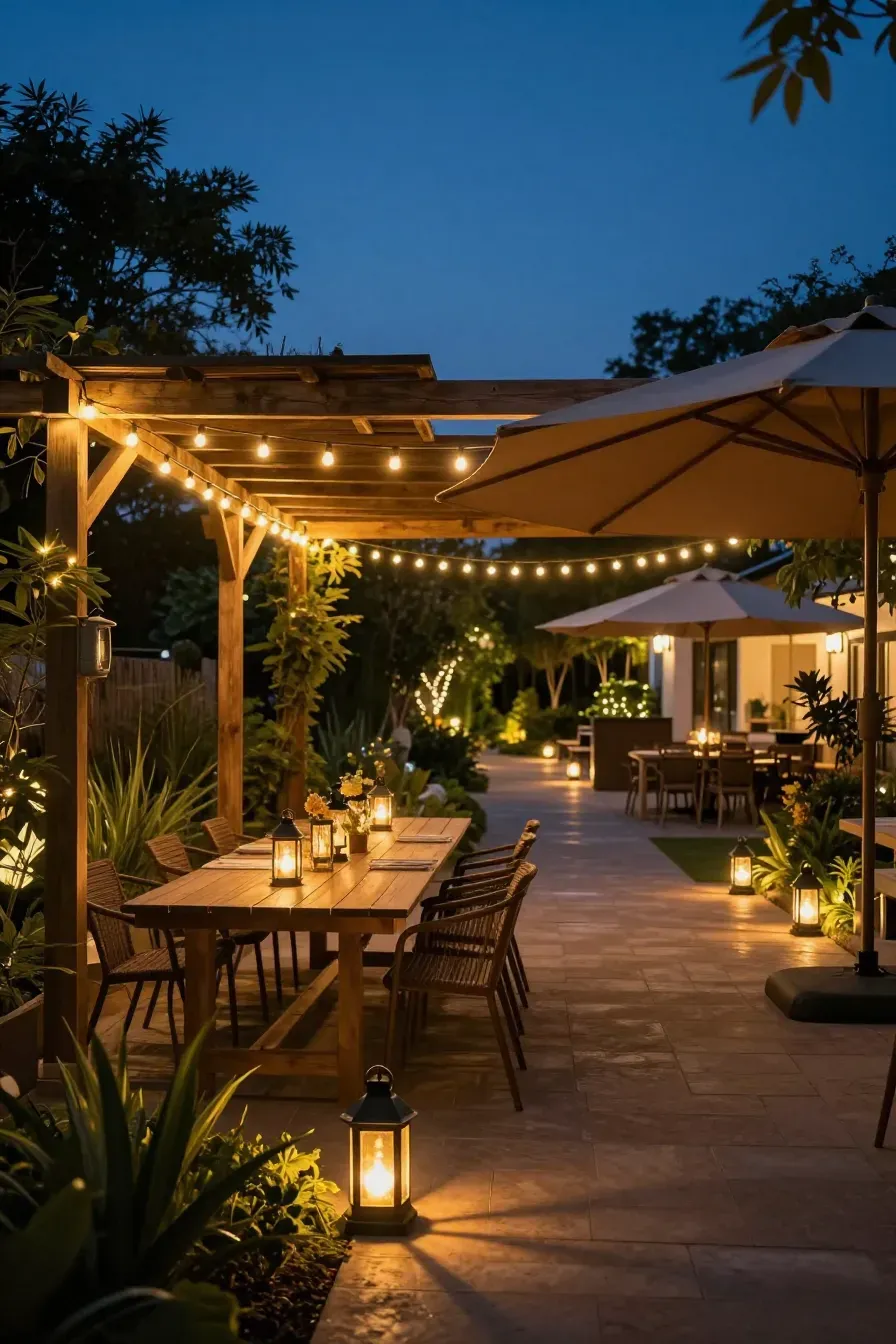 A garden dining area under a pergola lit with warm string lights and lanterns at dusk.