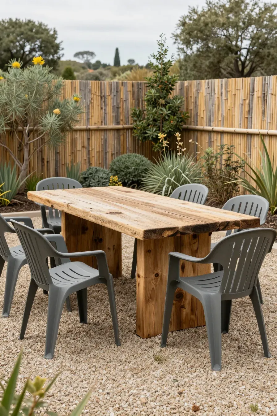 A reclaimed wood dining table and recycled plastic chairs in an eco-friendly garden.
