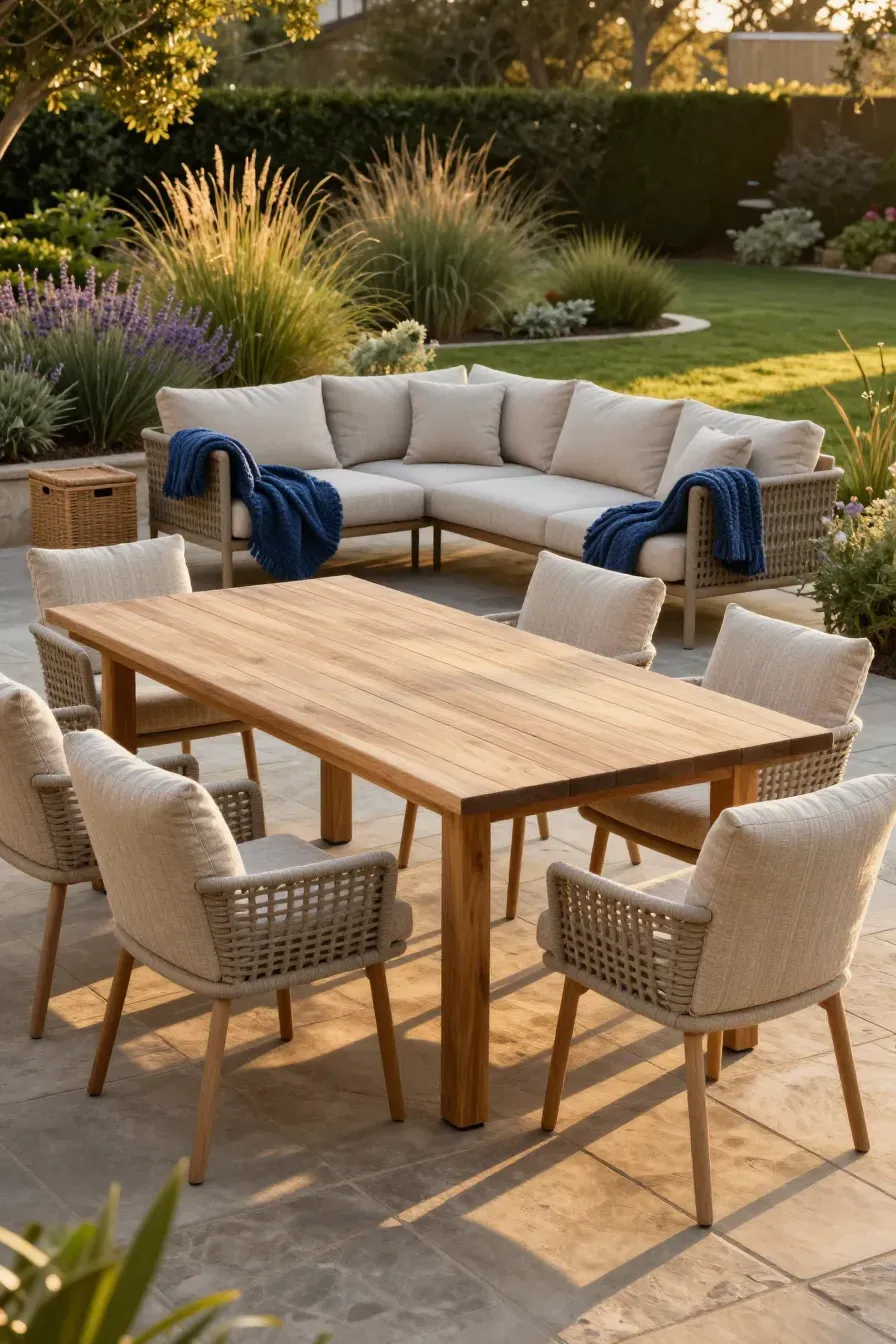A luxurious outdoor dining area with plush cushioned chairs, a teak table, and a garden background.