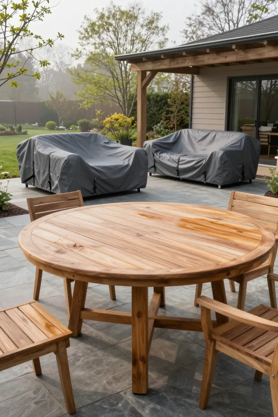 A well-maintained wooden outdoor dining set on a stone patio with covered furniture in the background.
