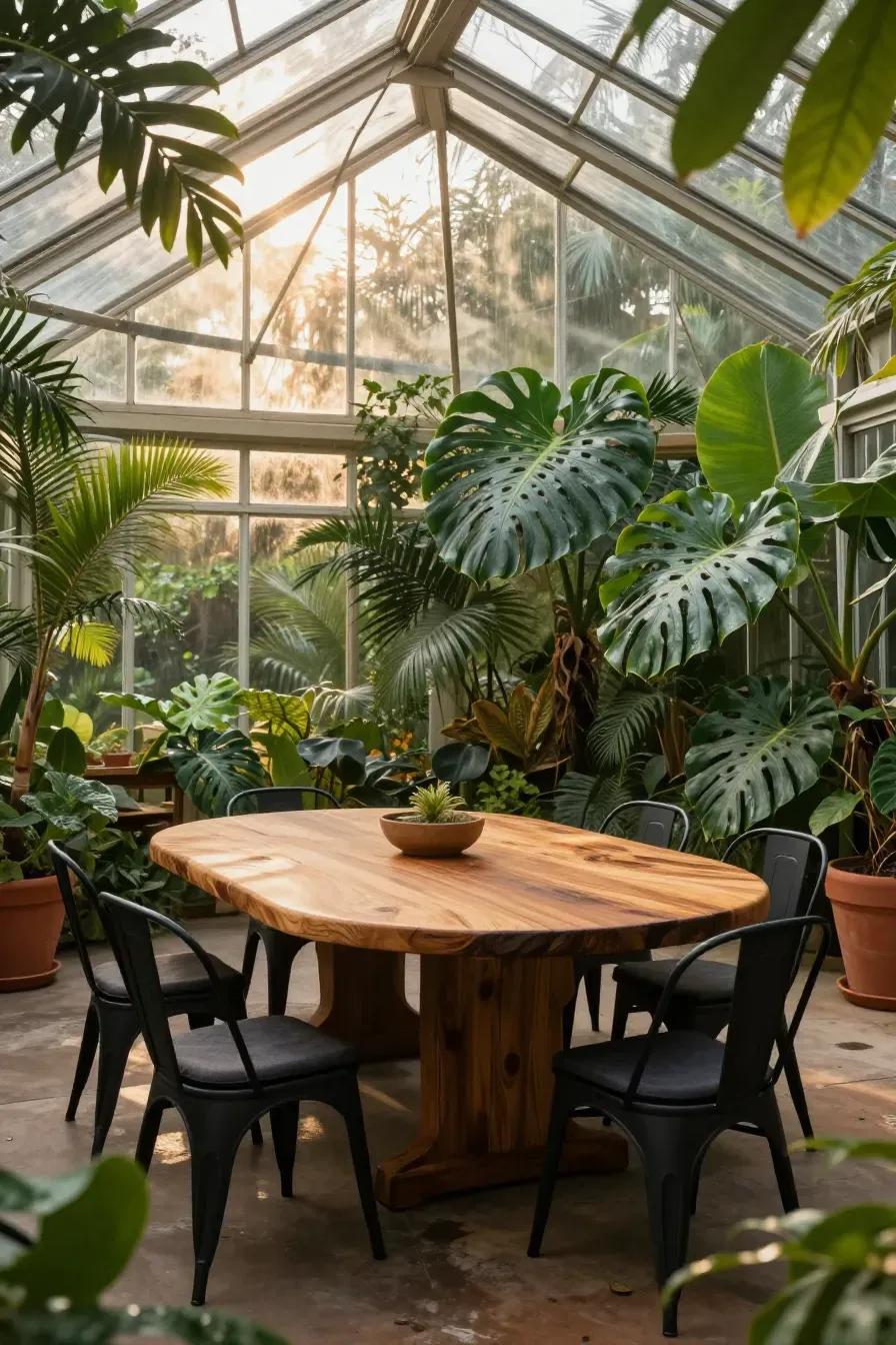 A sunlit greenhouse dining room with a round teak table, metal chairs, and lush tropical plants.