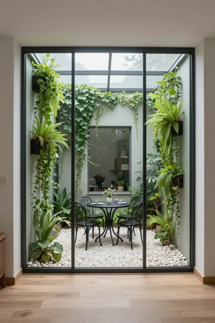 A small glass-walled indoor courtyard with a bistro table, white pebbles, and vertical green walls.