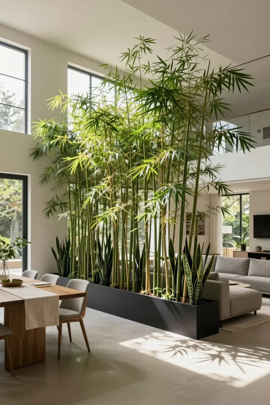 A long planter with tall bamboo separating a modern living room from a dining area.