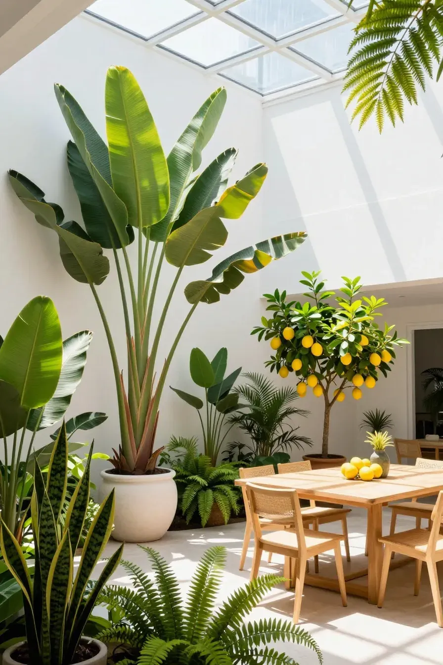 A bright dining room filled with large Bird of Paradise plants and a small lemon tree.