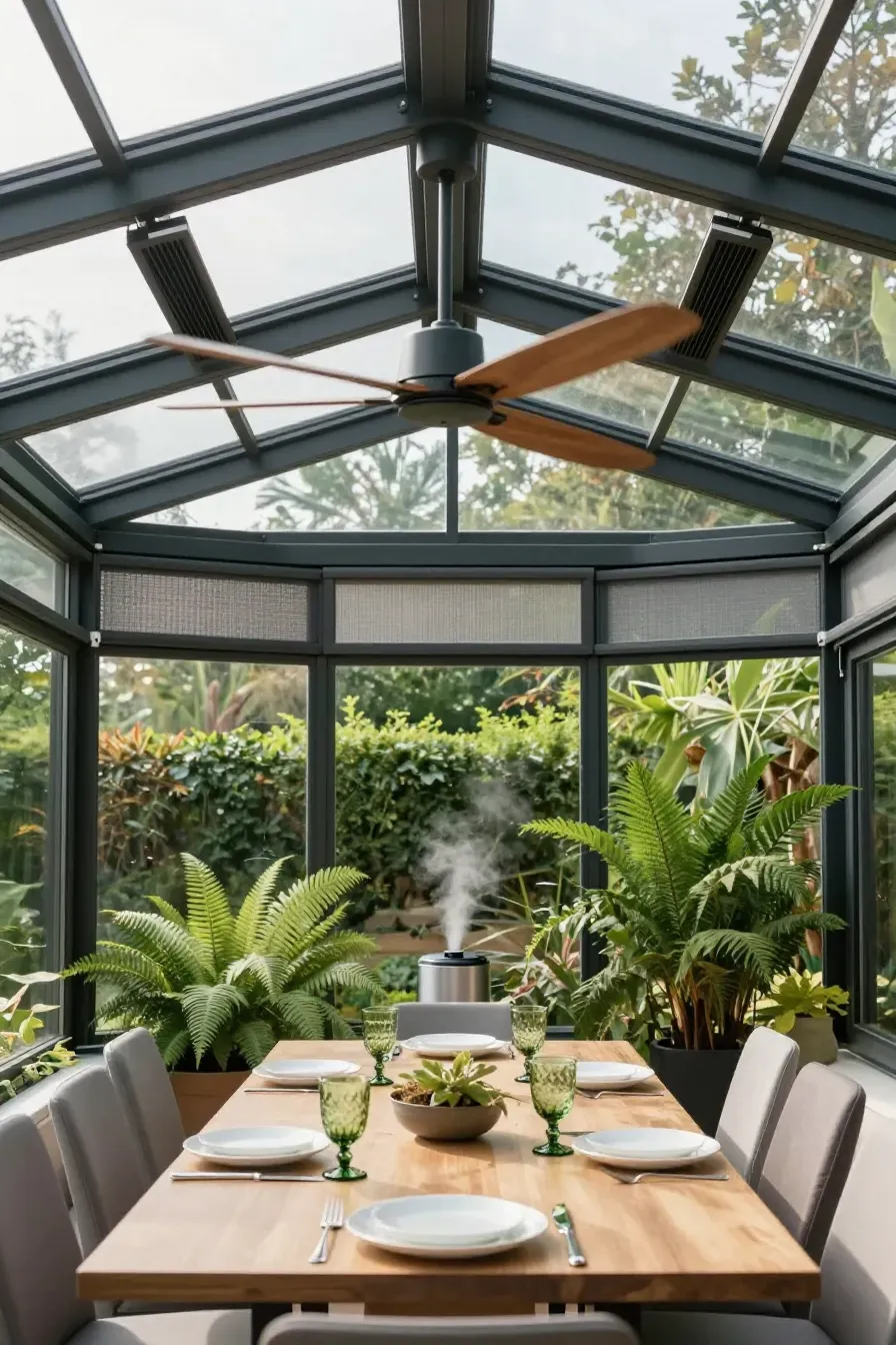 A modern glass conservatory dining room with ceiling fans and automated roof vents.