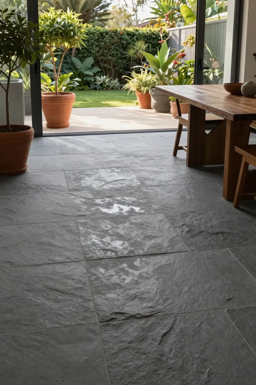 Large slate stone tiles extending from an indoor dining area to an outdoor garden patio.