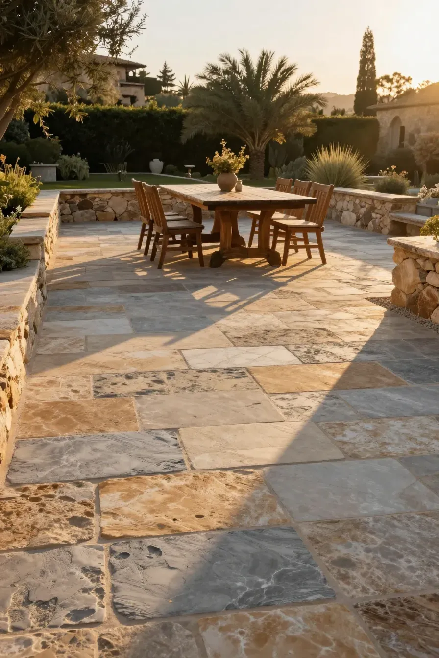 A wide view of a Mediterranean patio featuring textured limestone and flagstone flooring.