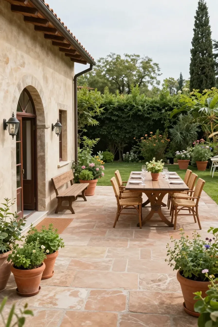 An organized Italian outdoor dining area with clear paths and a central wooden table.