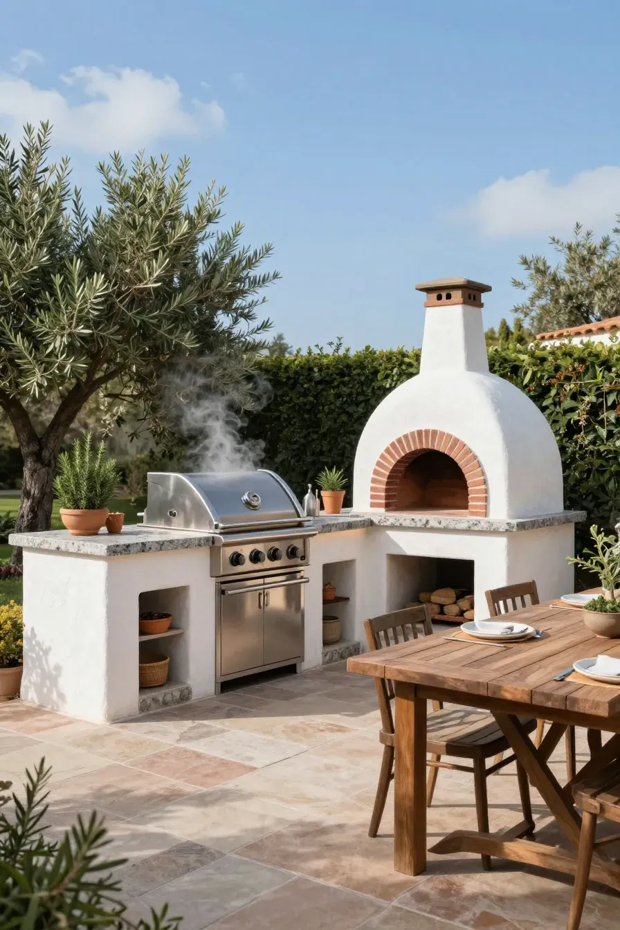 A stucco outdoor kitchen with a pizza oven and grill next to a dining area.