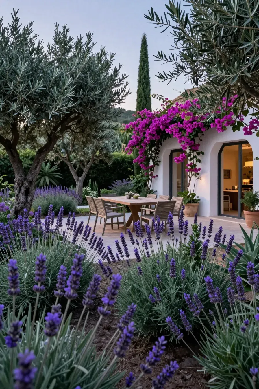 Lush Mediterranean greenery including lavender and olive trees surrounding a dining spot.