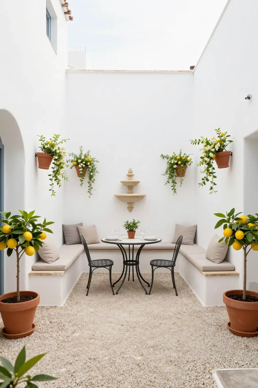 A compact white-walled Mediterranean courtyard with a round bistro table and wall plants.