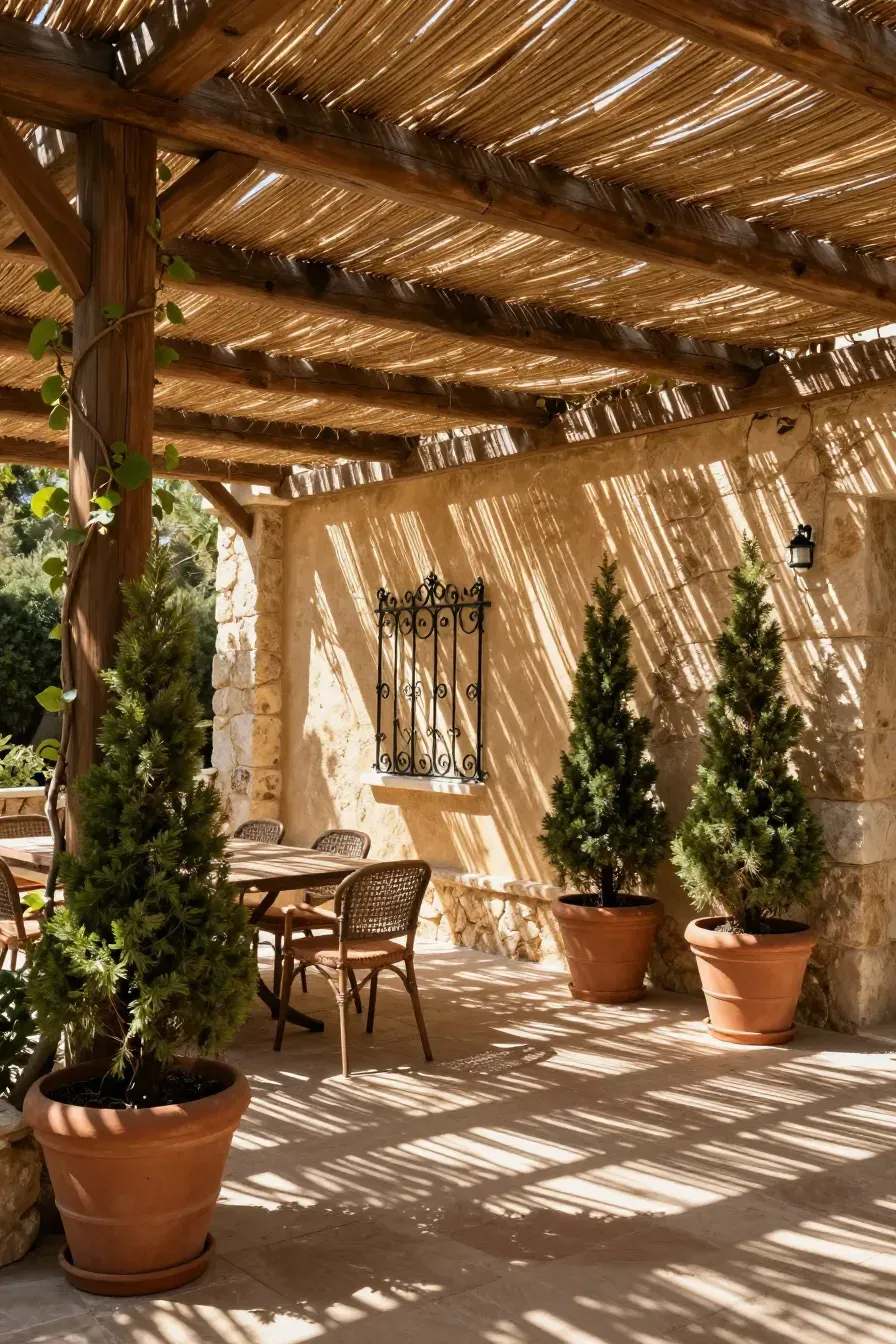 A wooden pergola with reed shading over a dining table next to a stone privacy wall.