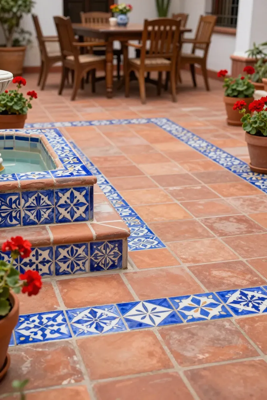 A Spanish patio with warm terracotta floor tiles and colorful blue-and-white tile accents.