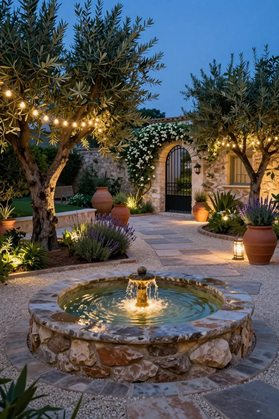 A Mediterranean backyard at twilight with string lights, a stone fountain, and terracotta pots.