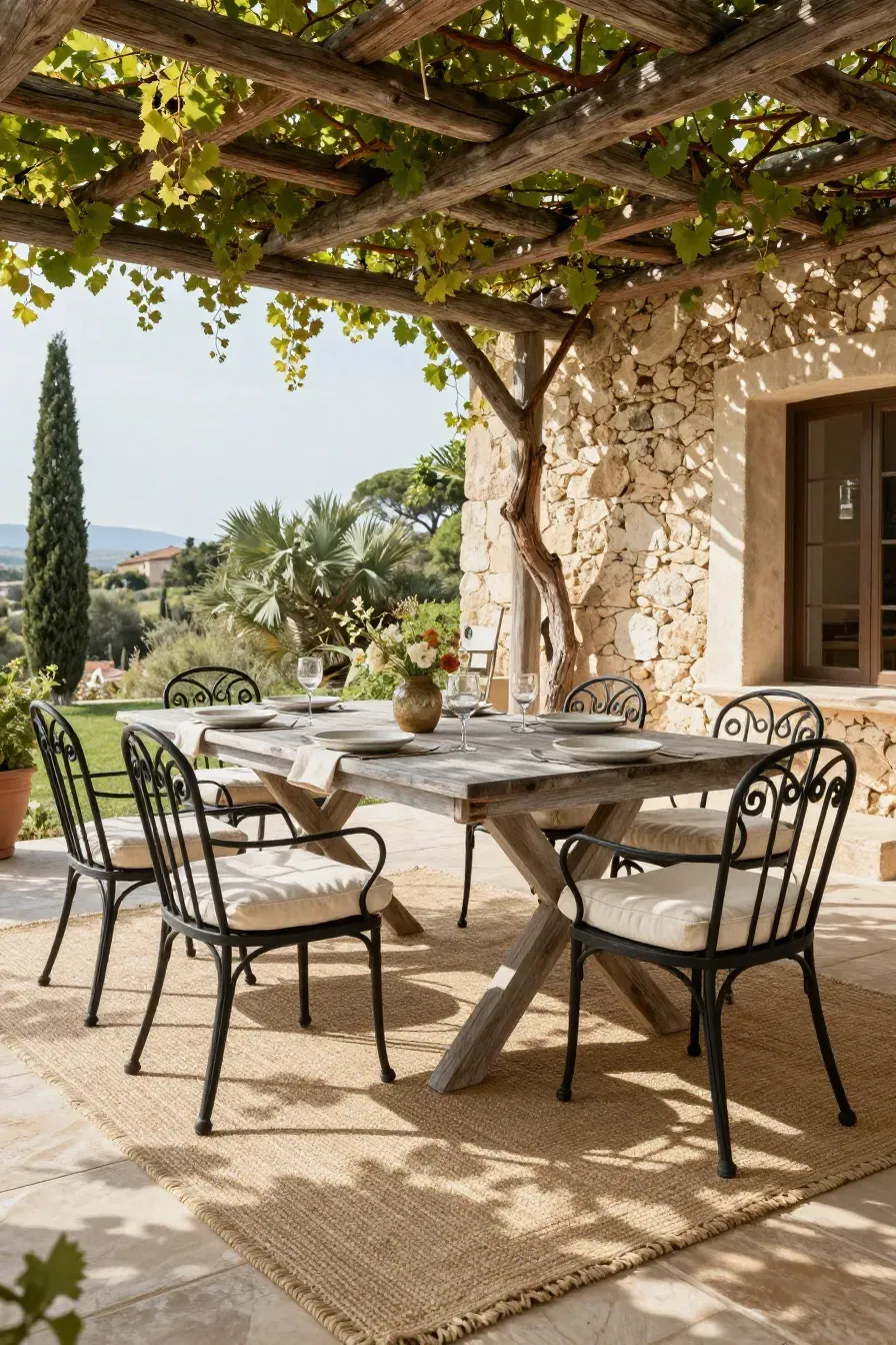 A teak and wrought iron dining set under a pergola in a Mediterranean garden setting.
