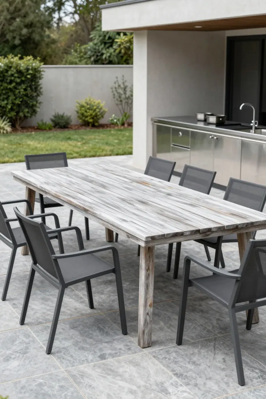 A modern teak table and gray aluminum chairs on a luxury slate patio.