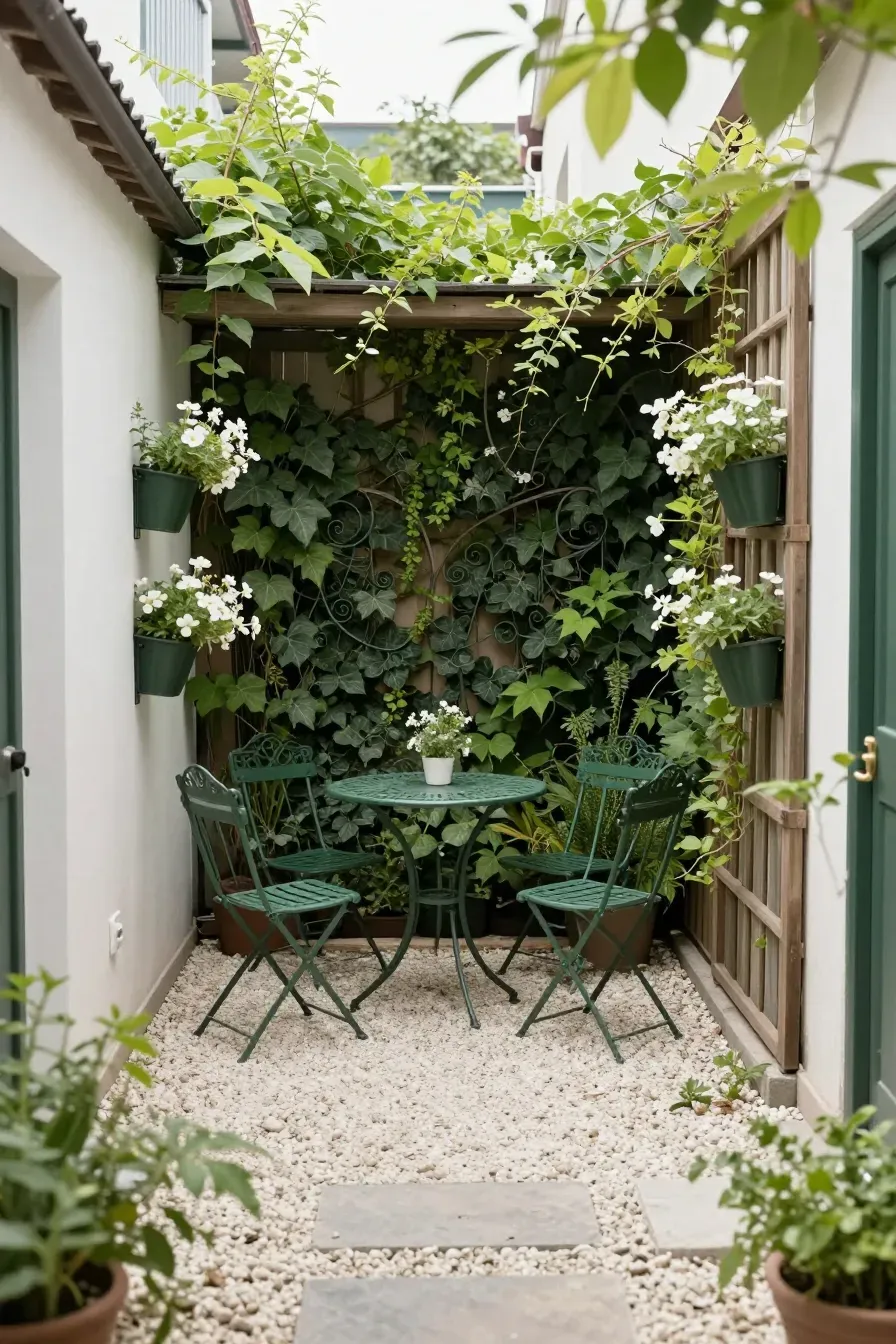 A green metal bistro set in a small gravel garden corner with climbing ivy.