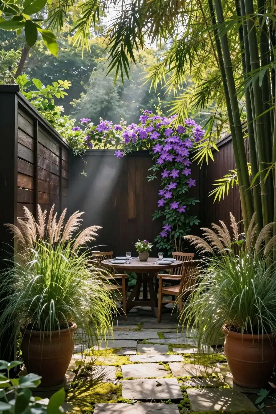 A wooden dining table hidden behind tall ornamental grasses and a wooden privacy screen.