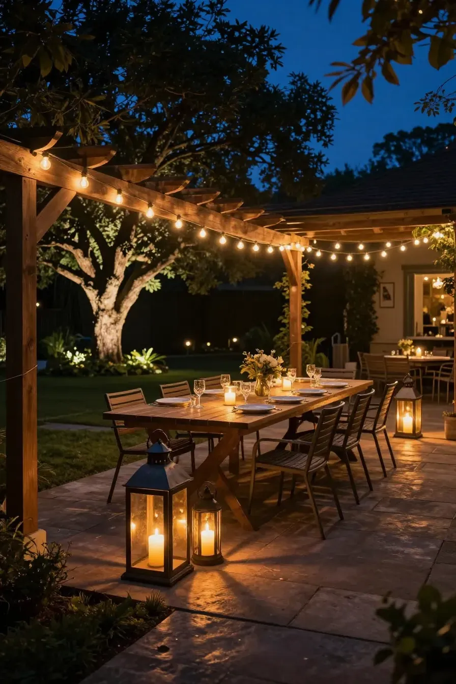 A backyard dining table lit by overhead string lights and lanterns at dusk.