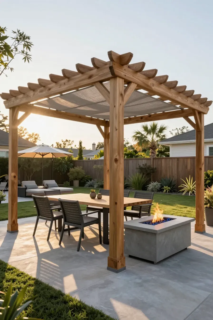A cedar pergola over a dining table with a modern fire pit nearby on a patio.