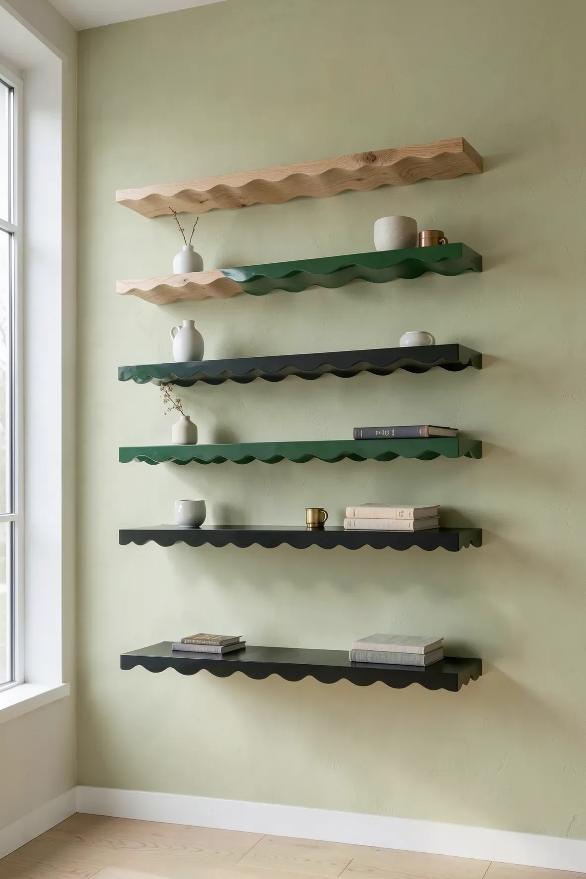 Three scalloped shelves in oak, green gloss, and black metal mounted on a neutral plaster wall.
