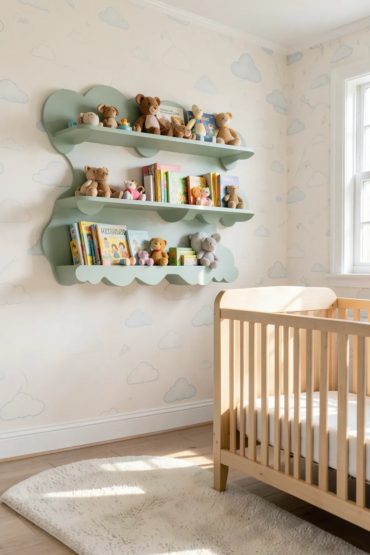 A bright nursery featuring sage green scalloped shelves holding wooden toys and colorful books.