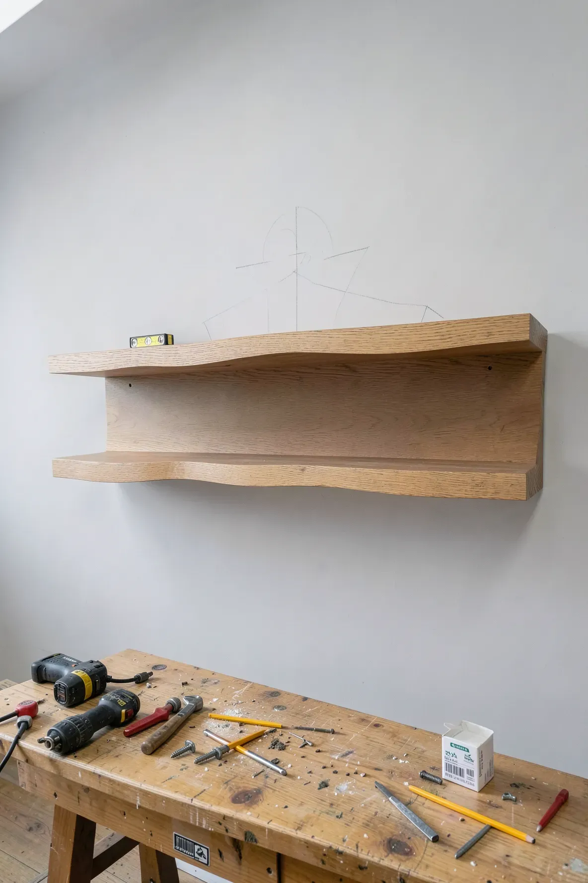A thick oak wavy shelf being installed on a wall with a bubble level on top for accuracy.