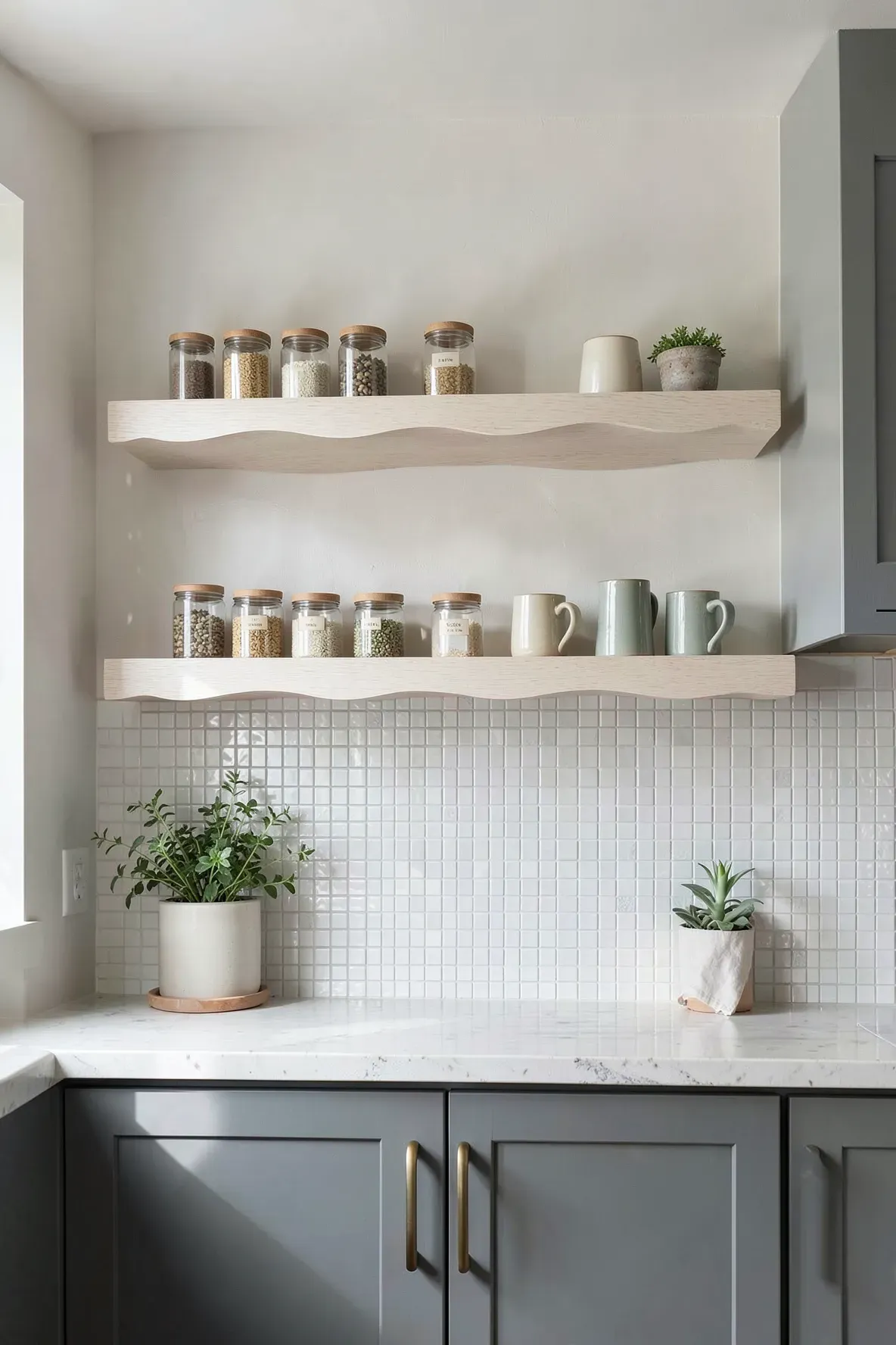 A bright kitchen featuring wooden shelves with decorative wavy scalloped edges holding jars and mugs.