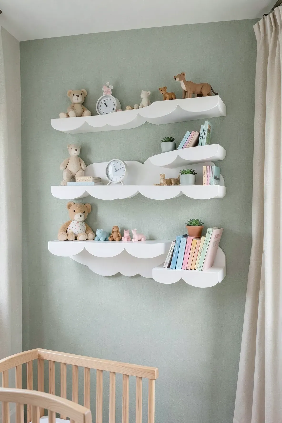 Three white scalloped floating shelves mounted on a sage green nursery wall with wooden toys.