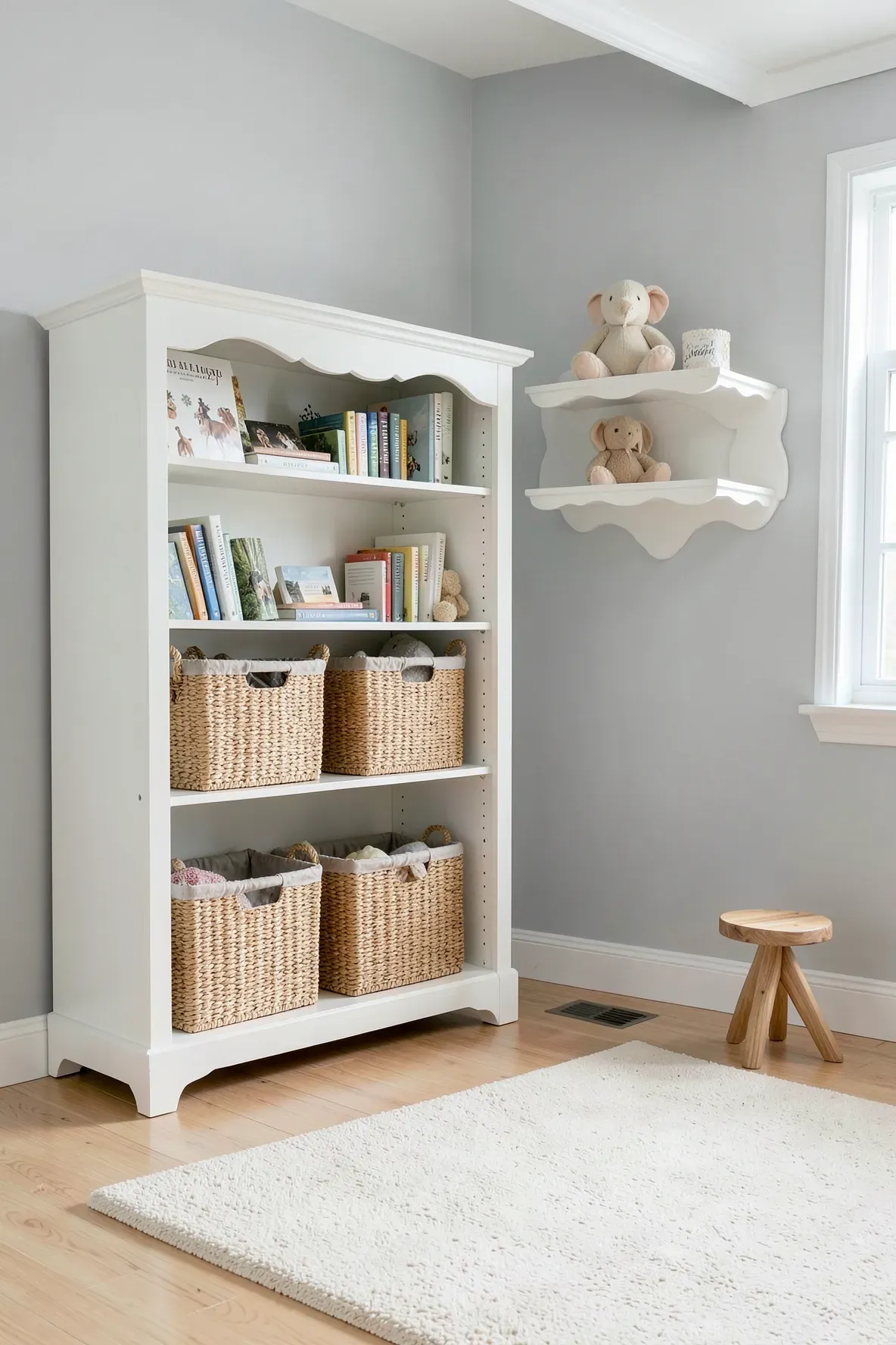 A nursery featuring both a white scalloped bookcase and matching floating wall shelves.