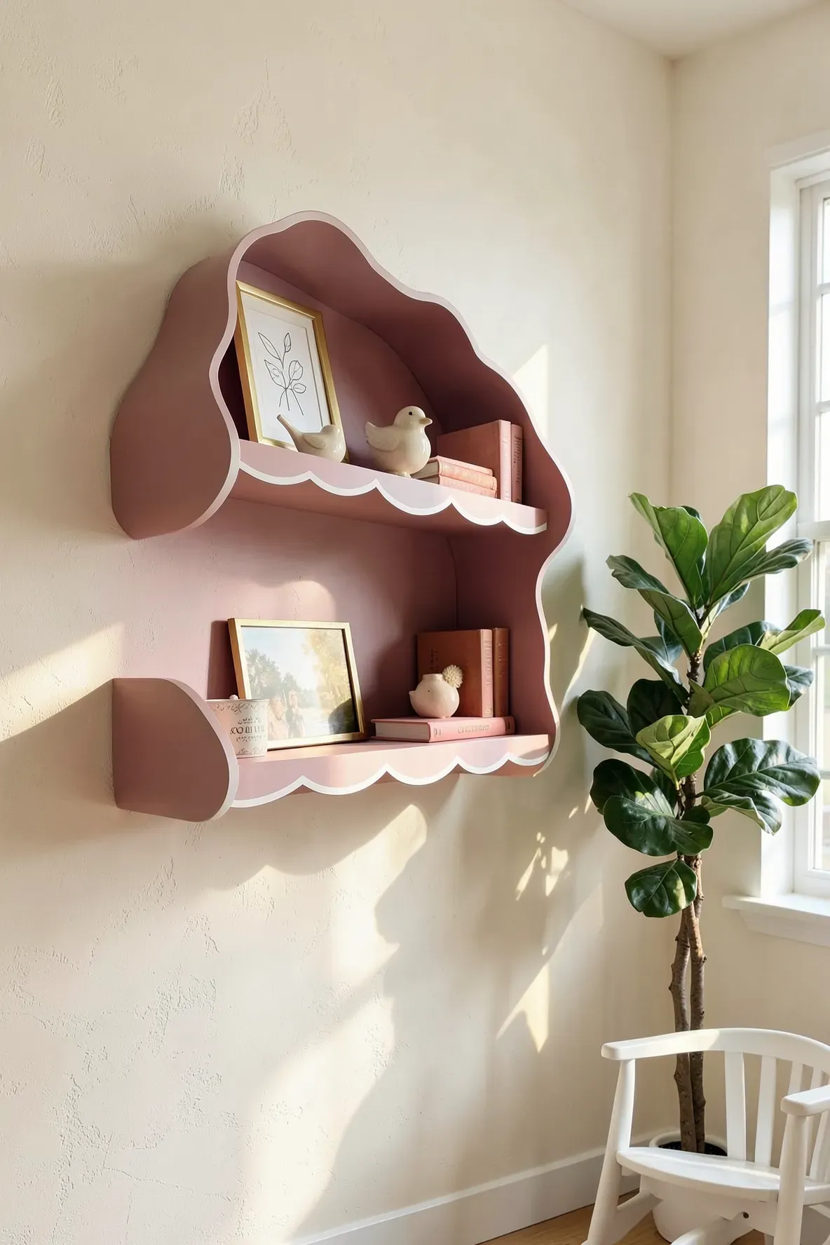 Dusty rose scalloped shelves with white edges mounted on a cream wall in a bright nursery.