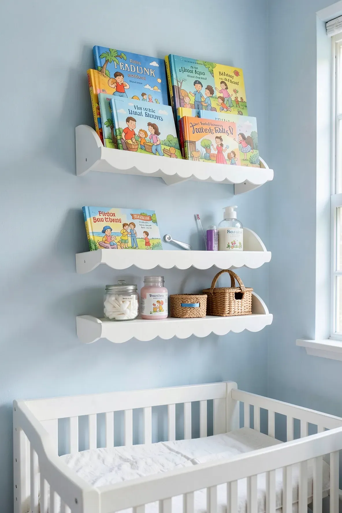Scalloped wall shelves holding children's books and baby care essentials above a changing table.
