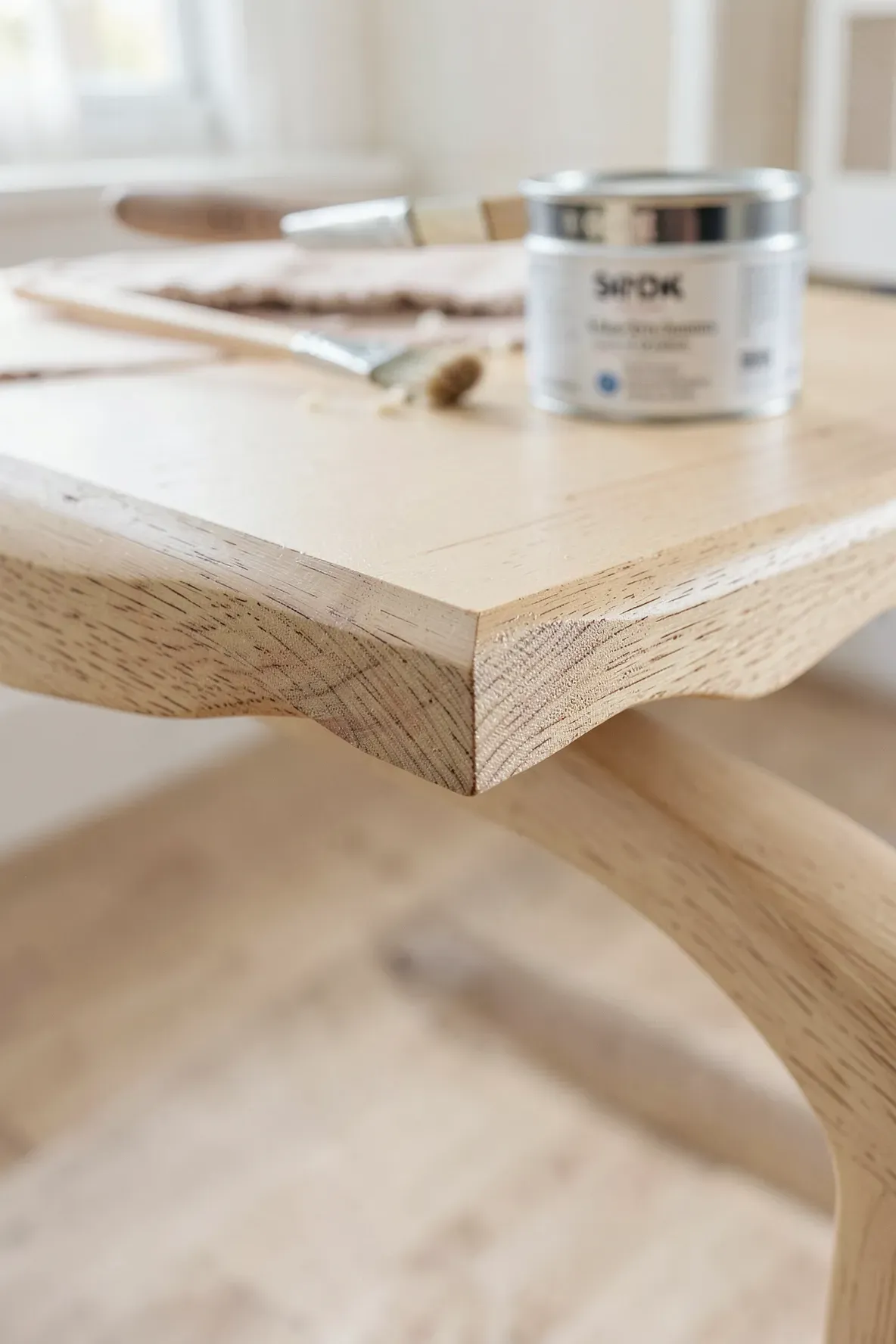 A close-up of a solid wood scalloped shelf with a smooth white satin finish.