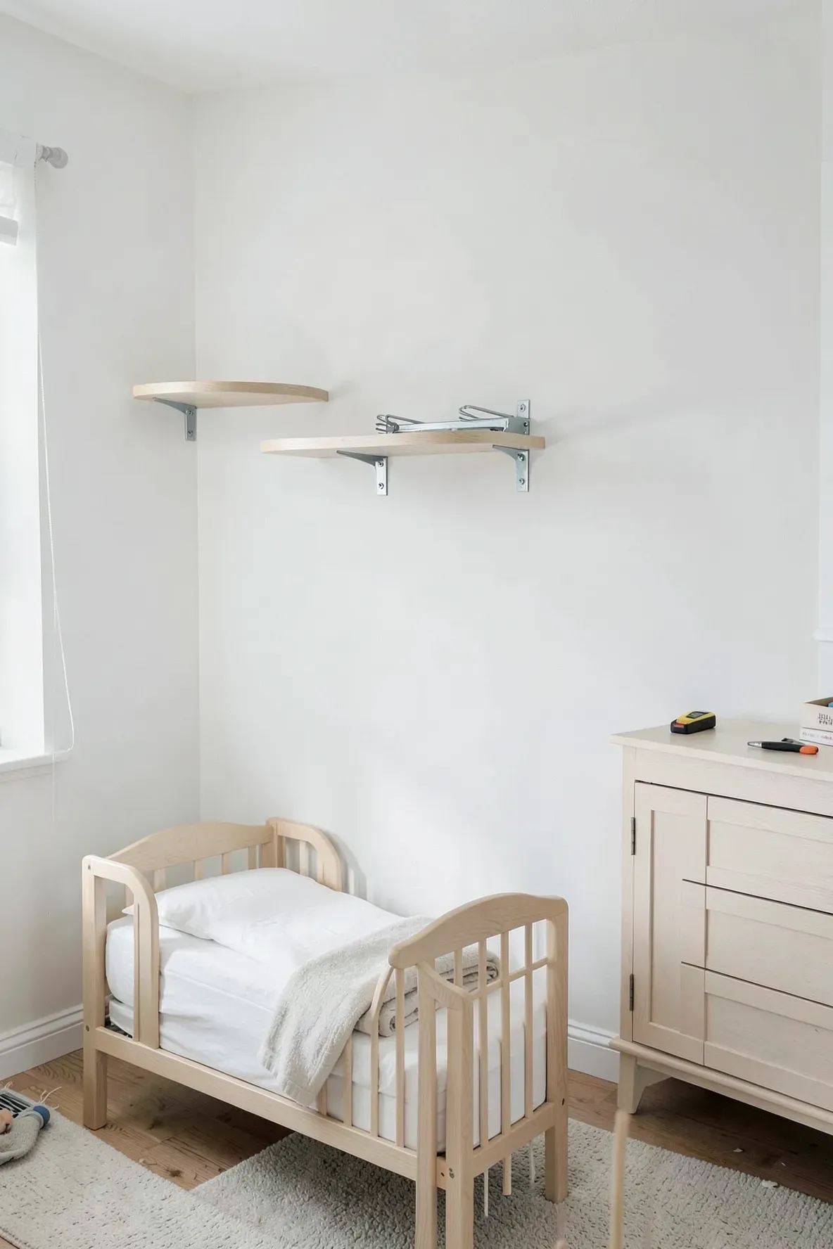 Scalloped shelves securely mounted with metal brackets high above a nursery crib.