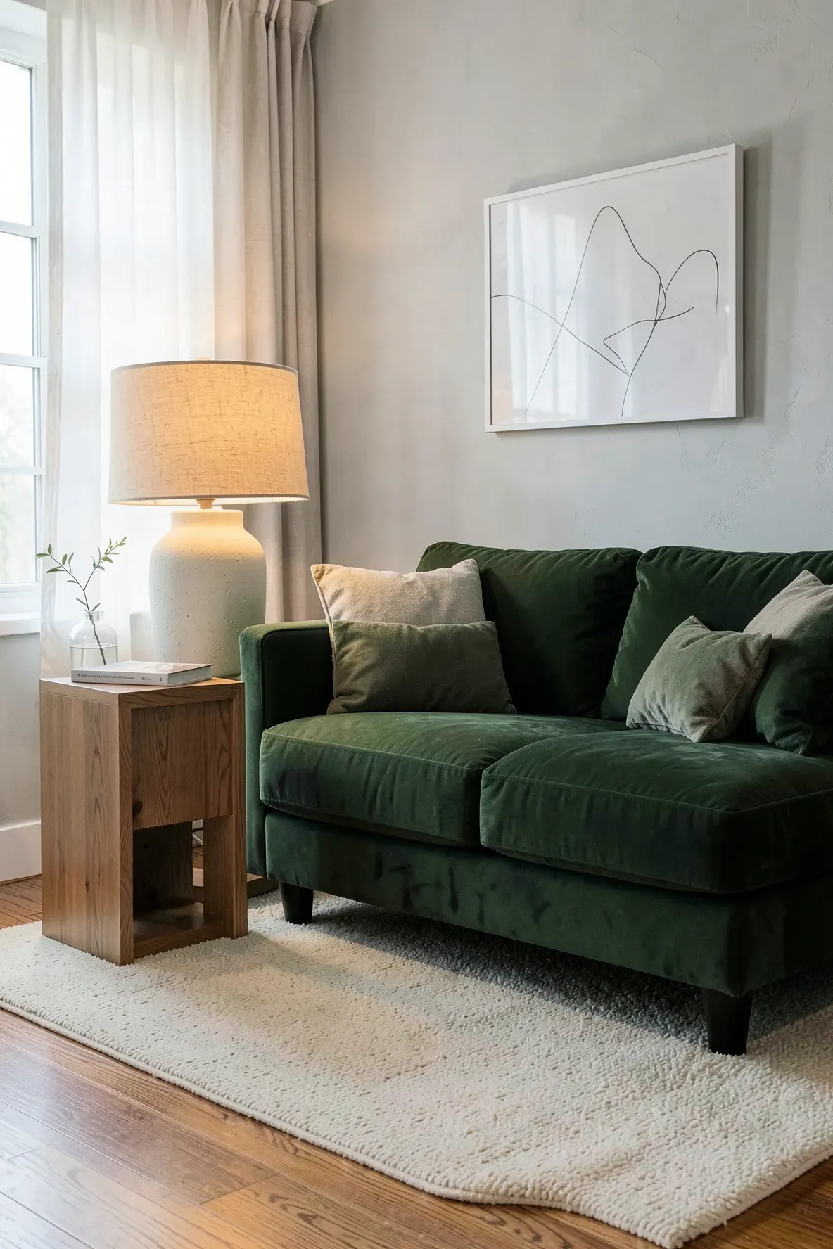 A large cream ceramic lamp perfectly scaled on an oak side table next to a green velvet sofa.