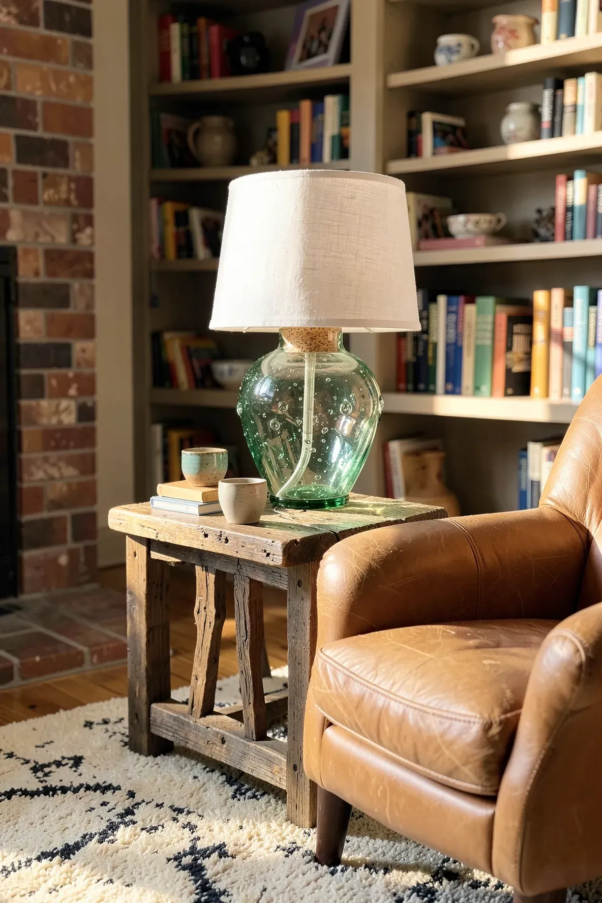 A unique sea-glass green sculptural lamp on a rustic wood table in a cozy family room.